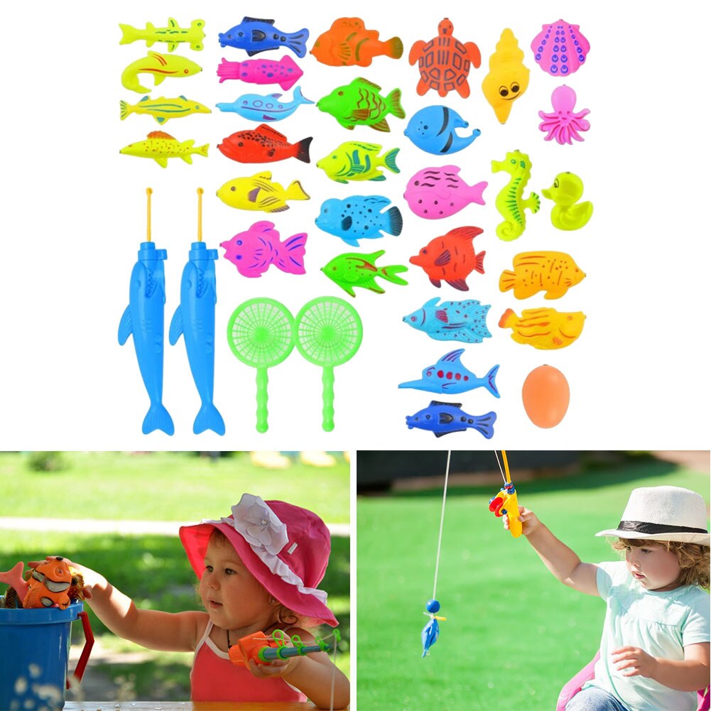 34 Sets Of Children's Fishing Toy Set 30 Fish + 2 Fishing Rods + 2 Fishing Children's Outdoor Indoor Educational Inflatable Toys