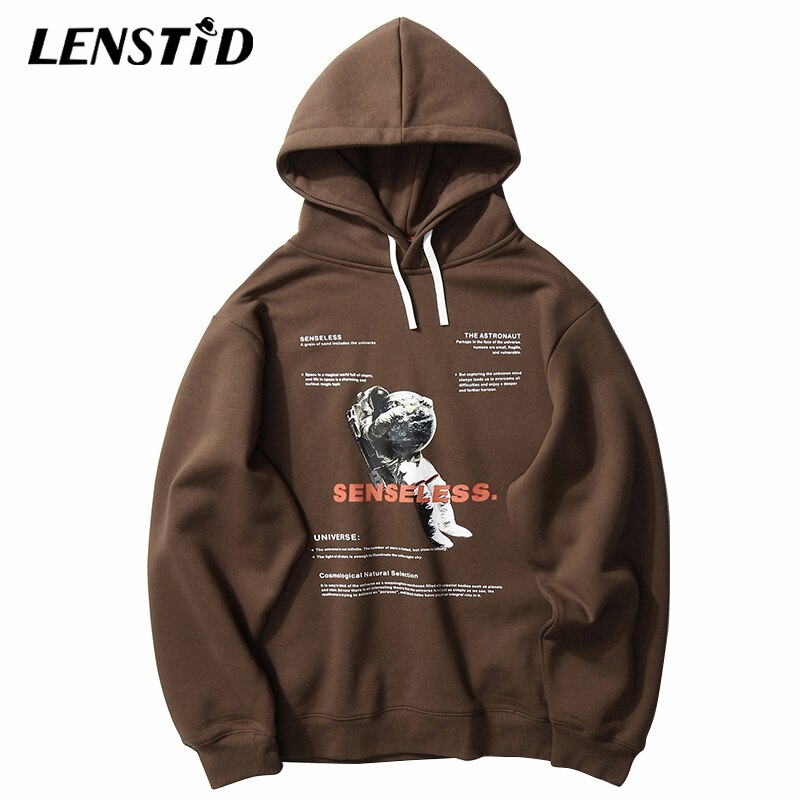 LENSTID Men Hip Hop Winter Fleece Pullover Hoodies Spaceman Print Harajuku Streetwear Autumn Cotton Warm Hooded Sweatshirts