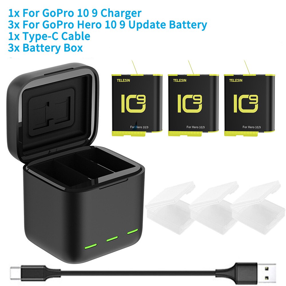 TELESIN For GoPro 10 9 Battery 1750mAh 1220mAh 3 Slots LED Light Charger Box TF Card Storage For GoPro Hero 5 6 7 8 9 10 Black: 3 NB For 9 10