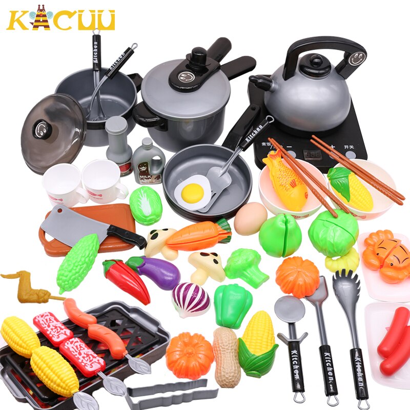 44PCS Mini Pretend Play Kitchen Toys Simulation Kitchen Utensils Cook Play Kits Kids Cookware Pot Pan Pretend Play Children Toys