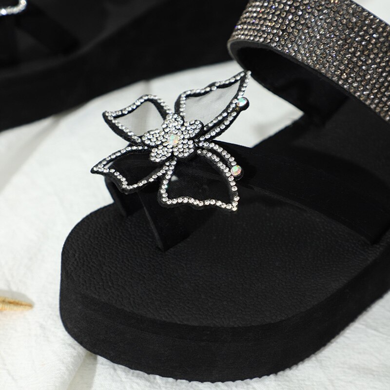 Zomer Vrouwen Clip Teen Slippers Crystal Rhinestone Vlinder Knoop Wiggen Slippers Sandalen Vrouwelijke Casual Comfort Slides Schoenen