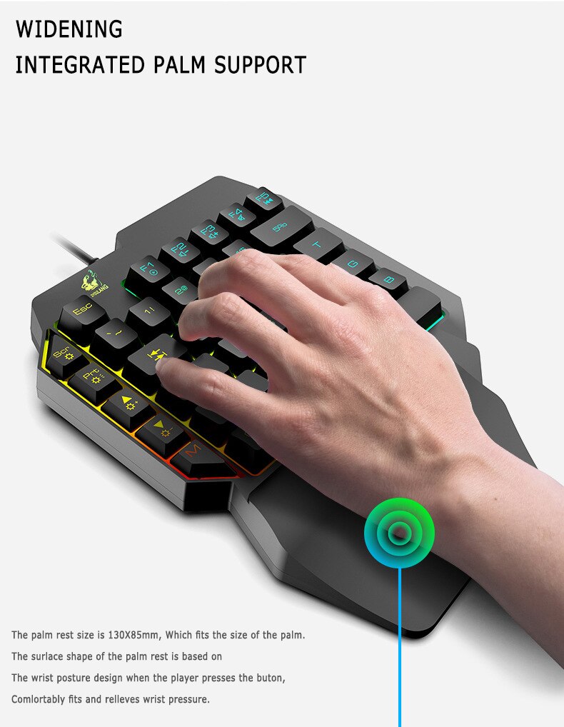 Mini One-Handed Gaming Keyboard Eight-color LED Backlight Modes Backlit USB Wired Game 39 Key Accessory ​For Laptop PC Gamer