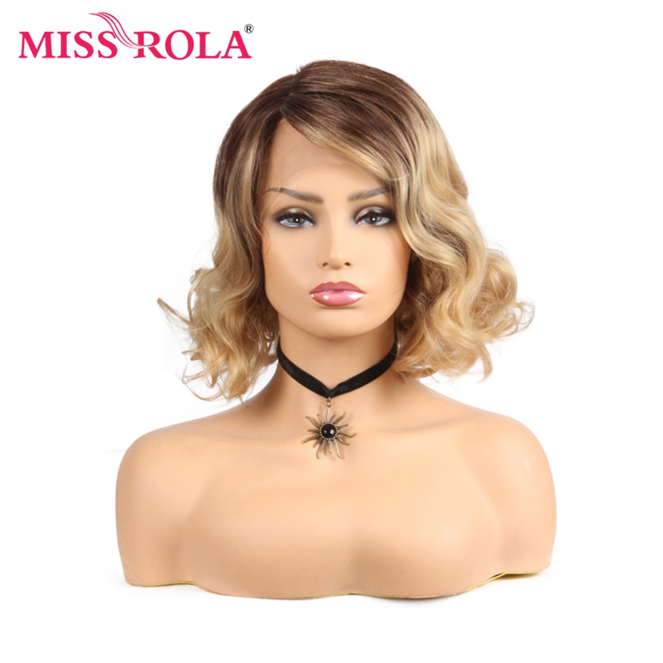 Miss Rola Korte Synthetisch Haar Pruik Lace Front Synthetisch Haar Pruik Ombre Blonde Kleur Golvend Voor Zwarte Vrouwen Pruik 14 inch