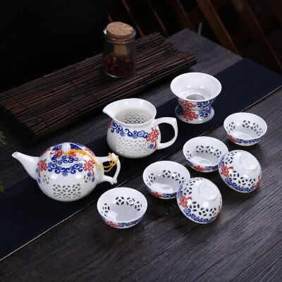 Exquisite Peony Automatic Tea Set Blue and White Ceramic Porcelain Hollow Honeycomb Tea set Teapot Teacup Gaiwan Tea Sets Suit: C