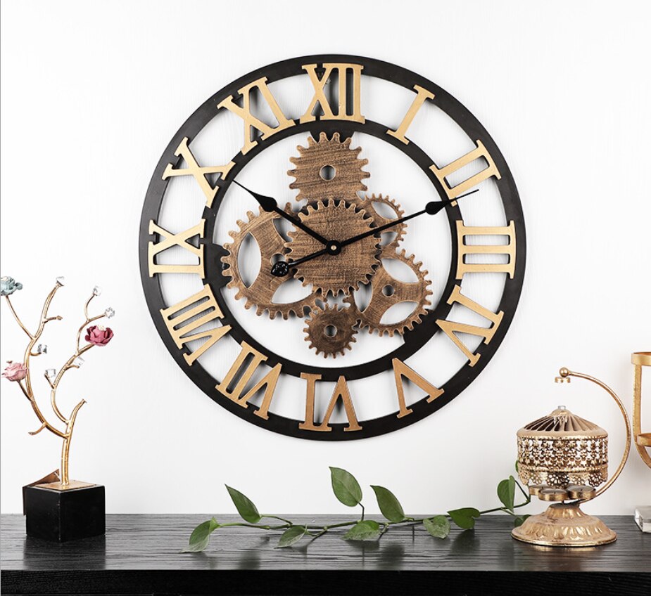 Industrial Wind Gear Wooden Wall Clock Noiseless Silent Gear Industrial Gear Wall Clock Roman Numerals Retro Rustic for House