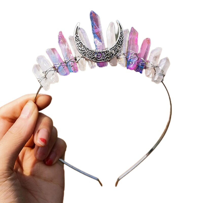 Handmade Faux Raw Crystal Headband Quartz Black Moon Bridal Alloy Tiara Crown Ladies Wedding Party Bridal Jewely Headdress