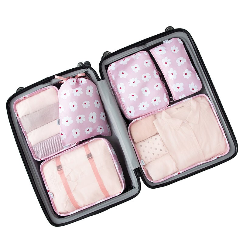 6Pcs/Set Waterproof Travel Bag Suitcase Packing Set Storage Organizer Portable Luggage Organizer Case Clothes Shoe Tidy Pouch: Flower pink