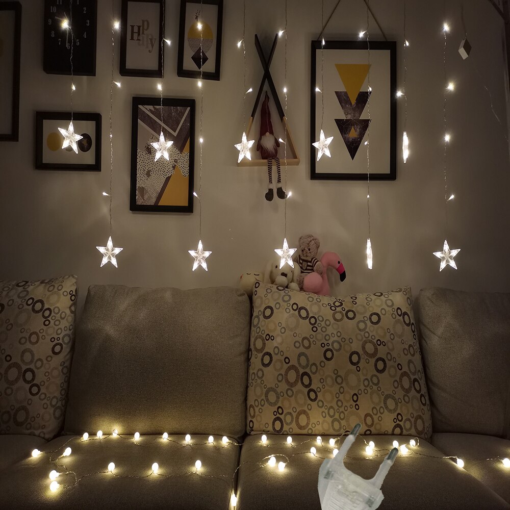 Guirlande lumineuse LED pour rideau de fées, en forme d'étoile, de lune, pour noël, pour la maison, pour une fête de mariage, pour le jardin, avec piles AA: Warm Stars 220v