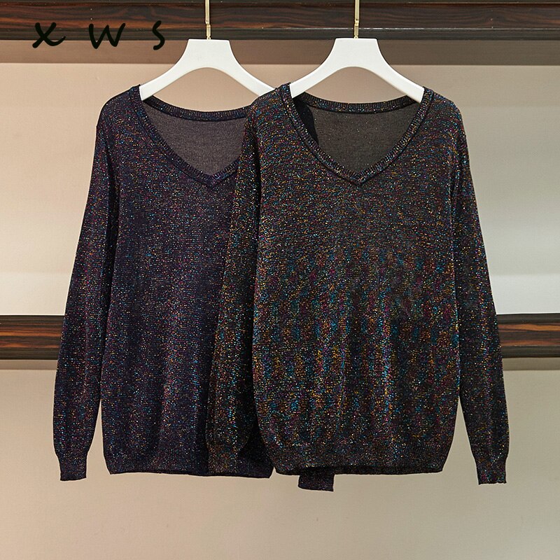 Skinnende lurex efterår vinter oversize sweater kvinder langærmet pullover v-hals basic sweater løs glitter strik dame