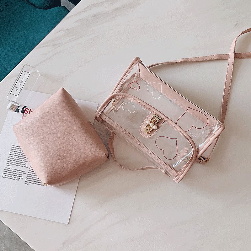 Women PVC Transparent Handbag See-through Beach Bag Clear Jelly Purse Clutch Tote PU Leather Handbag Messenger Bag