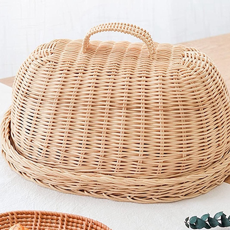 M - Plateau de rangement en rotin tissé à la main avec poignée en bois