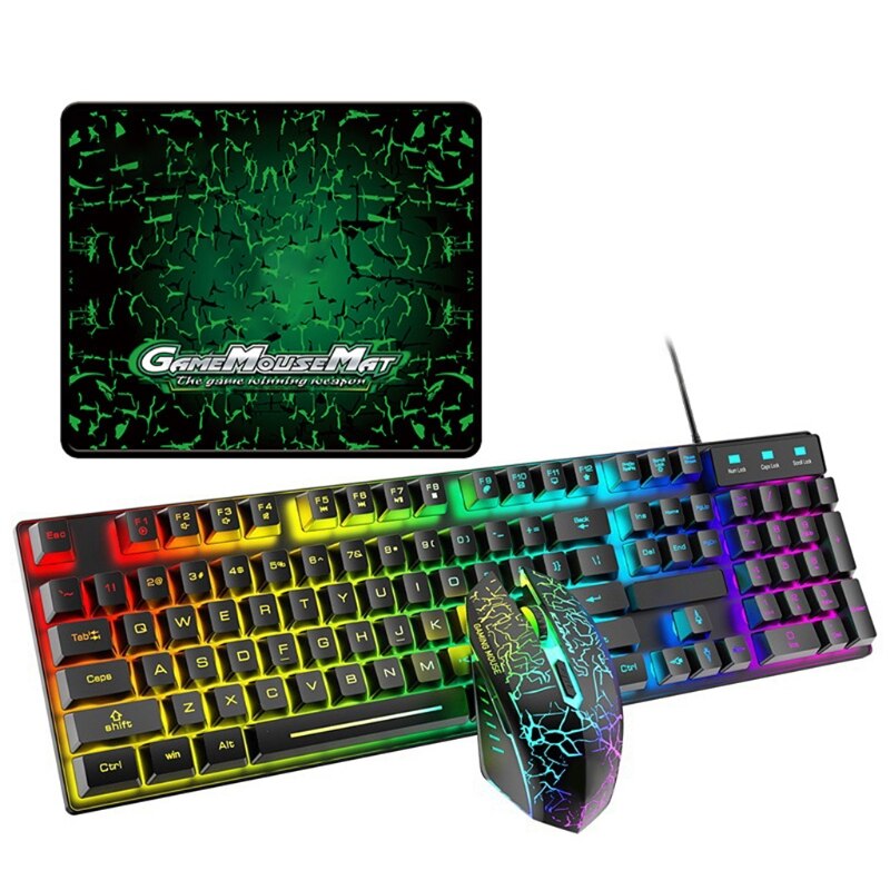 T6RGB Luminous Wired Gaming Keyboard and Mouse Set with Large Mouse Pad USB Colorful Backlit Mechanical Feel Keyboard: 3
