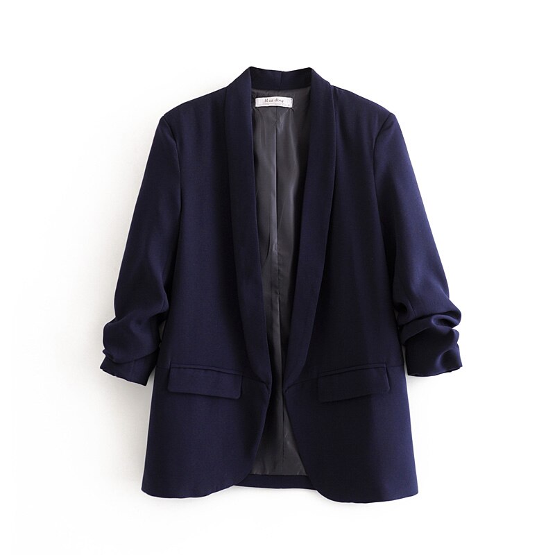lässig frauen elegante Blazer damen geraffte hülse Blazer jacke Jahrgang weibliche streetwear anzüge mädchen schick anzug: Marine / S