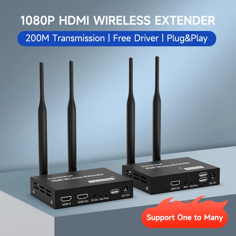 200m trådlösa hdmi-videosändare/mottagare-kit förlängningsadapter tv-dongel 1080p kvm loop-out ir för skärm, projektor, bärbara datorer