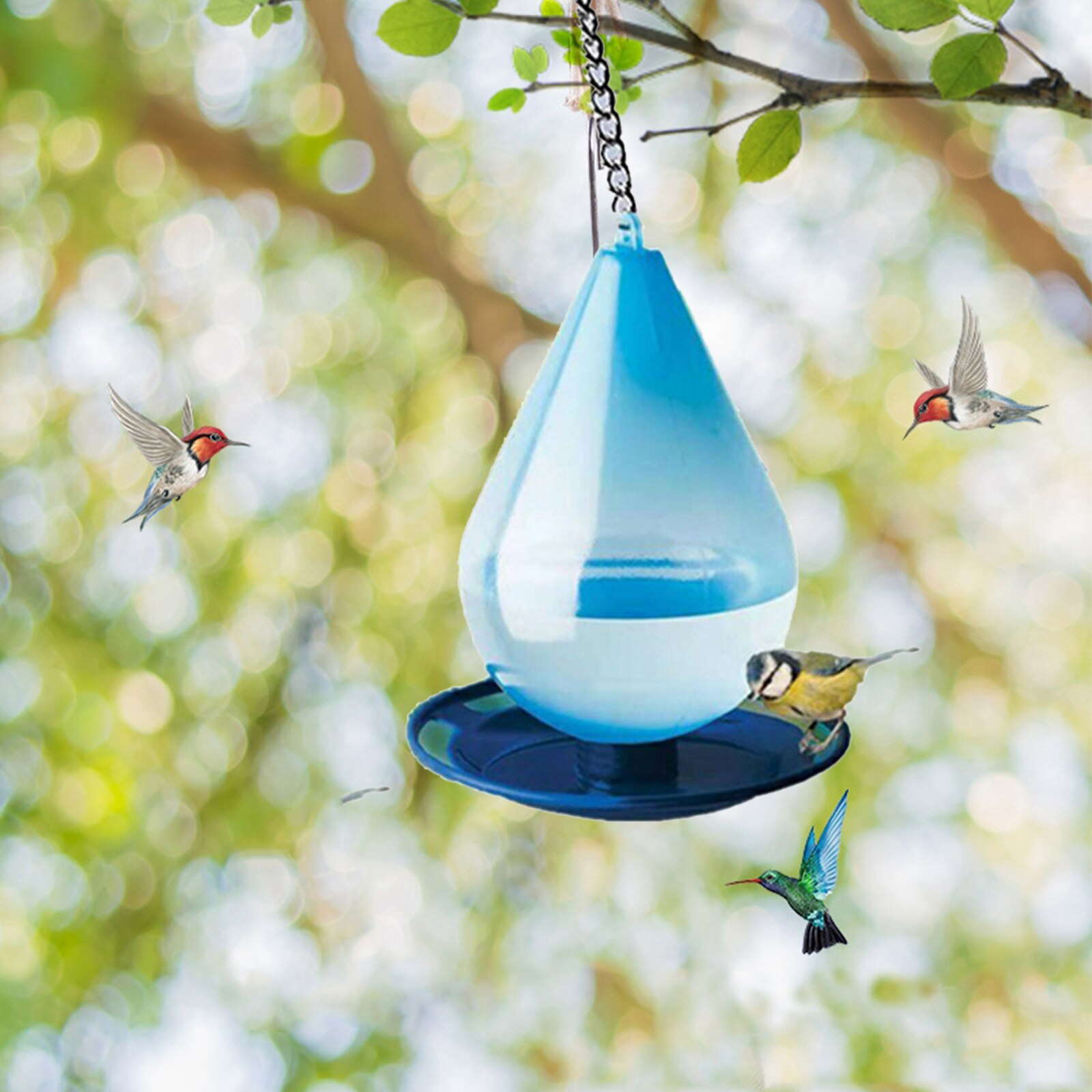 Alimentador de néctar de colibrí azul a prueba de fugas para Patio exterior, colgante