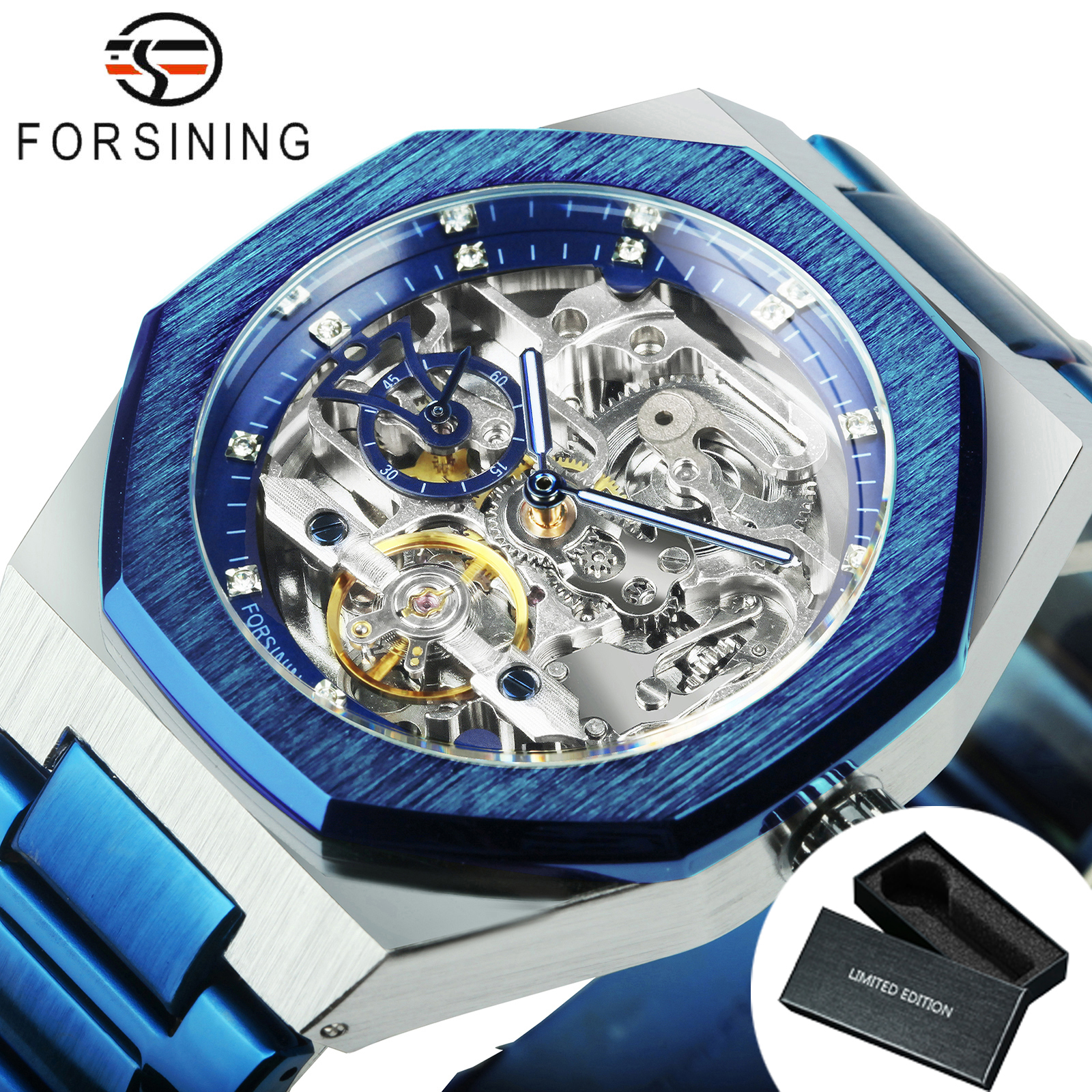 Forsining Lässige automatische mechanische Uhr für Herren, leuchtende Zeiger, Edelstahlarmband, modische Luxus-Skelett-Herrenuhren