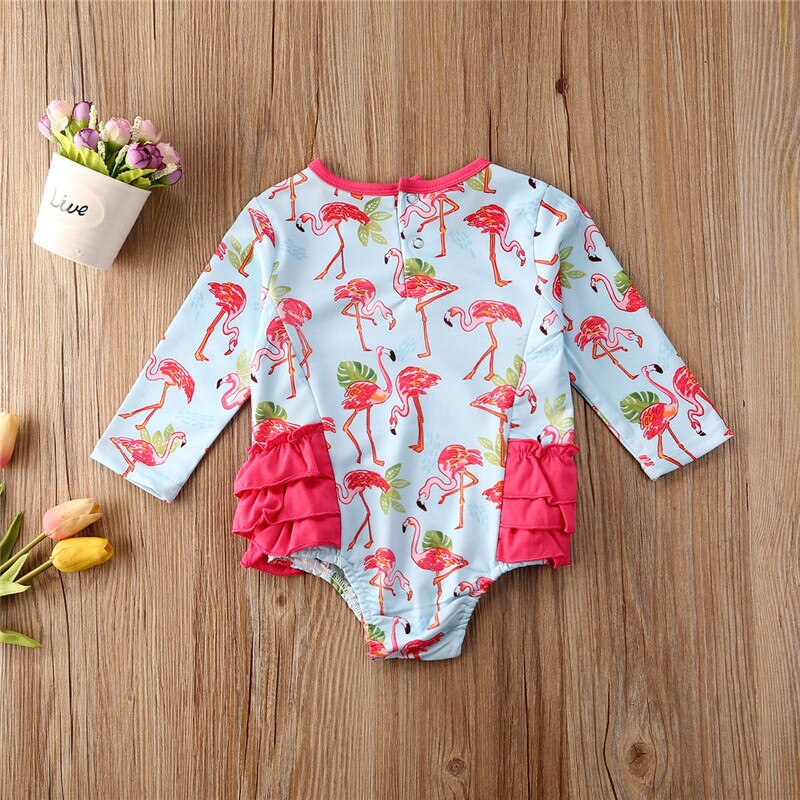Toddler Baby Girls Flamingo Swimwear Clothes Bikini One-Piece Swimsuit Newborn Baby Girl Long Sleeve Bathing Suit Outfits