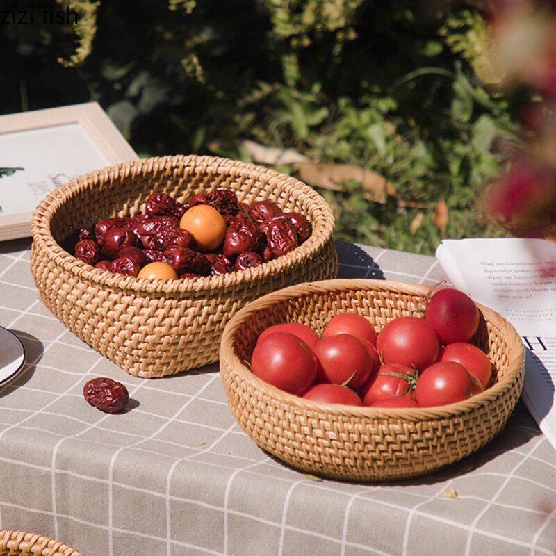 Rattan Fruit Plates Storage Basket Nut Dried Fruit Tray Bamboo Weaving Baskets Household Snack Candy Storage Containers