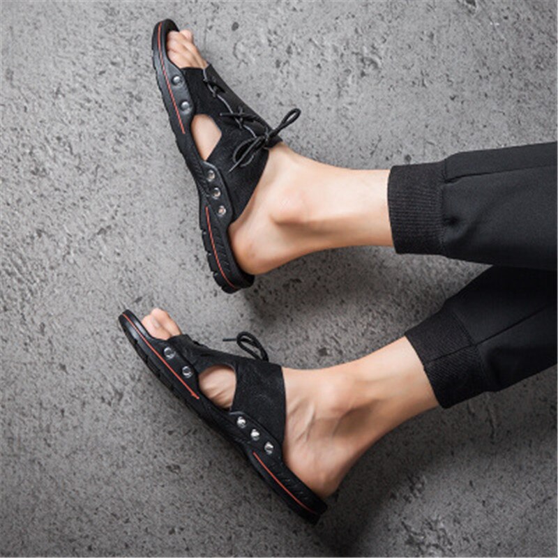 Grote maat zacht leer mannen ademende outdoor sandalen, zomer