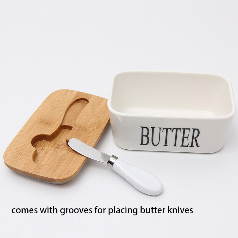 Ceramic Butter Box Cheese Storage Sealing Dish Tray With Wood Lid Knife Food Dish Butter Keeper Tool Plate Container For Kitchen