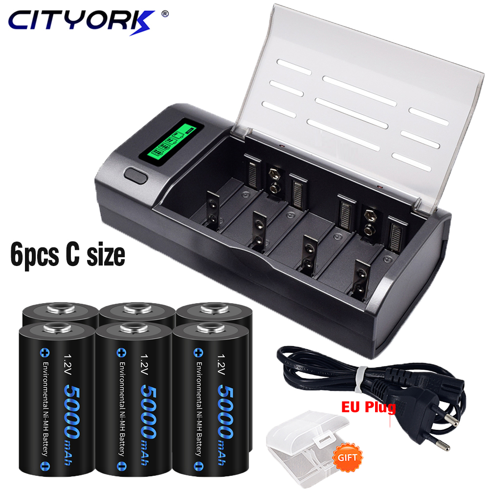 CITYORK Akumulator o rozmiarze 1,2 V C 5000 mAh Akumulator R14 C o dużej pojemności z ładowarką LCD do C D AA AAA 9 V: Black