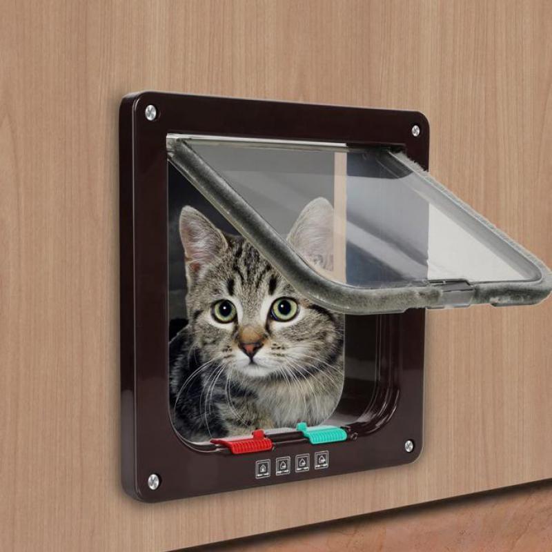 Dog Cat Flap Door with 4 Way Security Lock Flap Door for Dog Cats Kitten ABS Plastic Small Pet Gate Door Kit Cat Dogs Flap Doors
