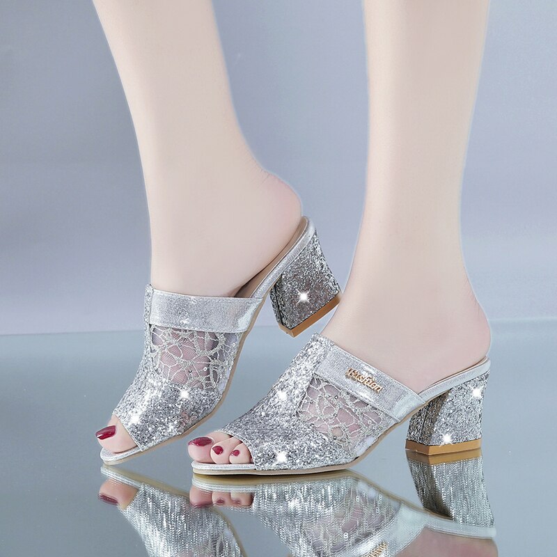 Sandales à talons carrés en métal pour femme, chaussures d'été à bout ouvert et argent doré, Q00016, collection