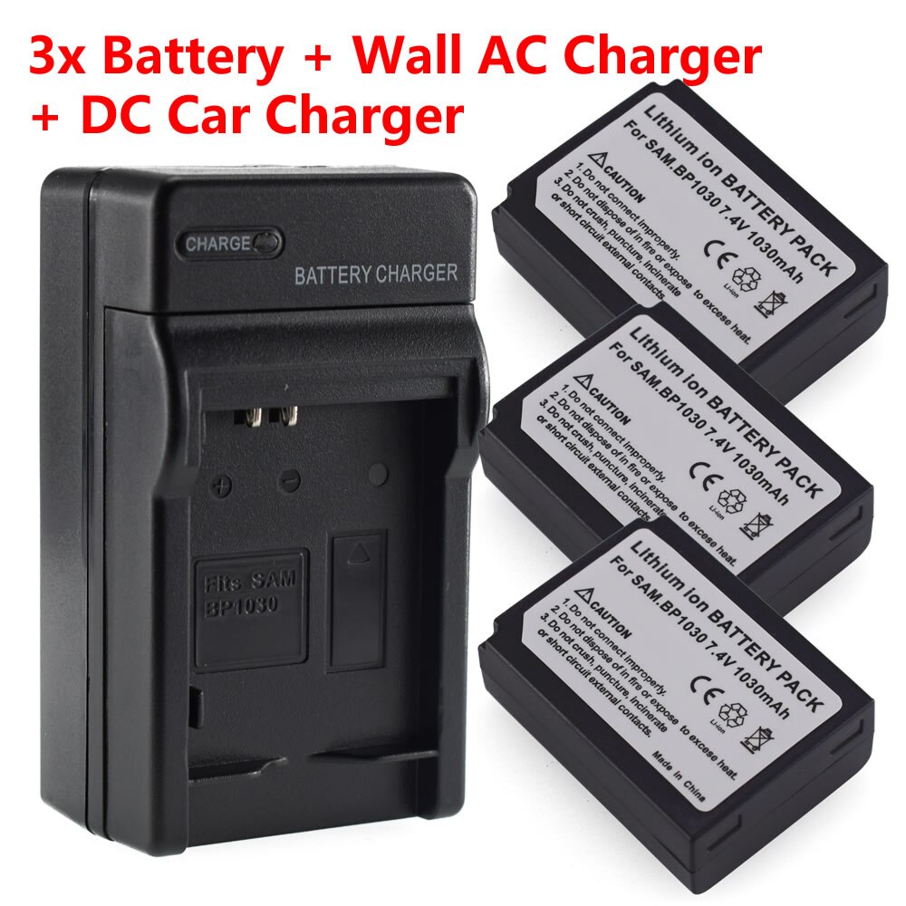 2X BP-1030 Batterij + Lader + Autolader Voor Samsung NX200 NX210 NX1000 NX1100 NX2000 NX2020 NX300 NX300M NX310 NX500: 3  Battery Set