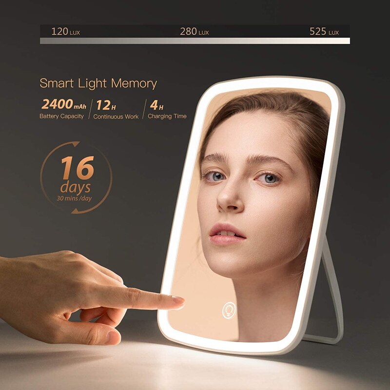 Portable Makeup Mirror LED Natural Light USB Refill Angle Adjustable Touch Control Brightness Dimmable Lights Women