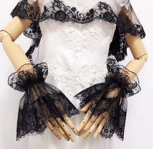 Vrouwen Zwarte Kleur Vintage Kant Handschoen Dame Nep Kant Arm Mouw Zwarte Nep Mouw Vingerloze Handschoen R1047: Default Title