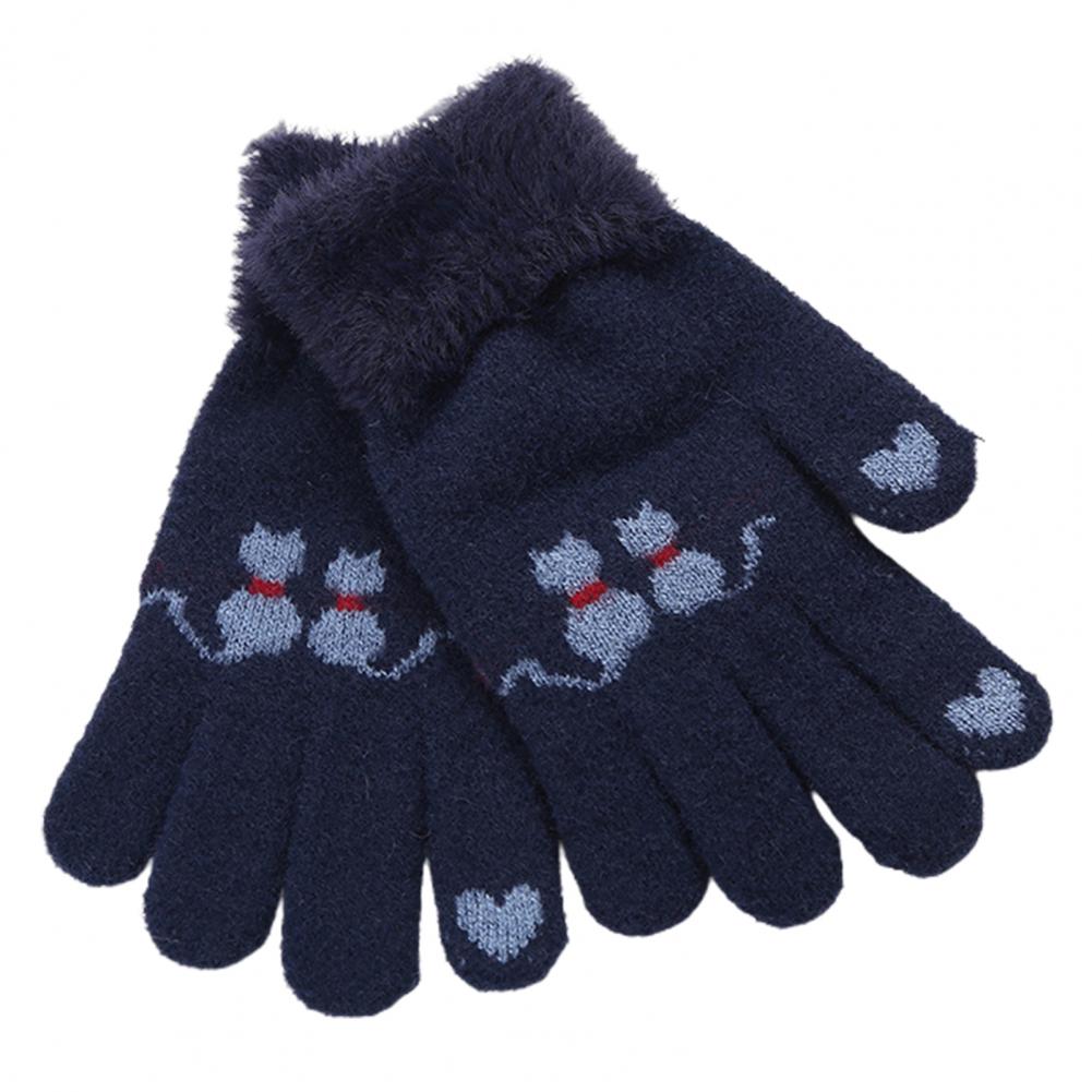 Teenagers Kids Winter Warm Leuke Kat Patroon Volledige Vinger Jacquard Gebreide Handschoenen