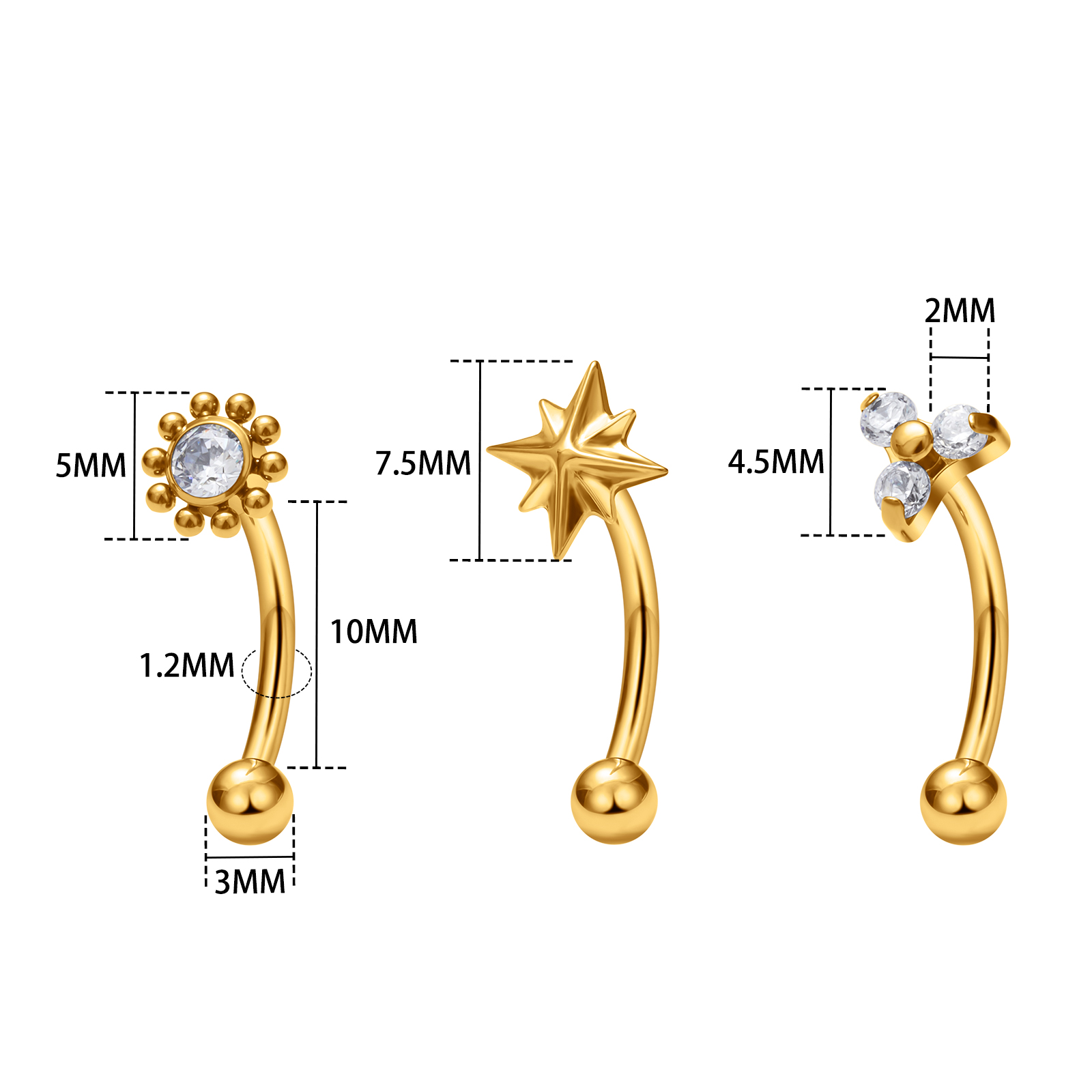 G23 Titanium ASTM-F136 interne draad Wenkbrauw Piercings Lichaam Sieraden Voor Vrouwen zirkoon Oorbel Ster Bloem Hart