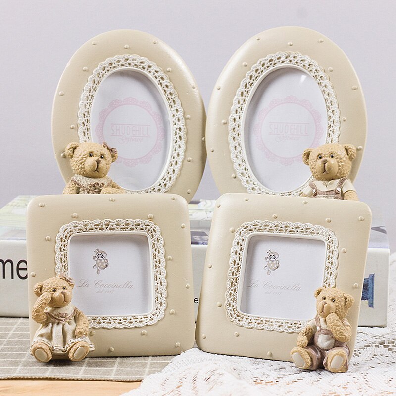 European Cute Teddy Tear With Lace Border Oval Square Shape 2x2 2.5x3.5 Pink Blue Resin Tabletop Baby Picture Photo Frame
