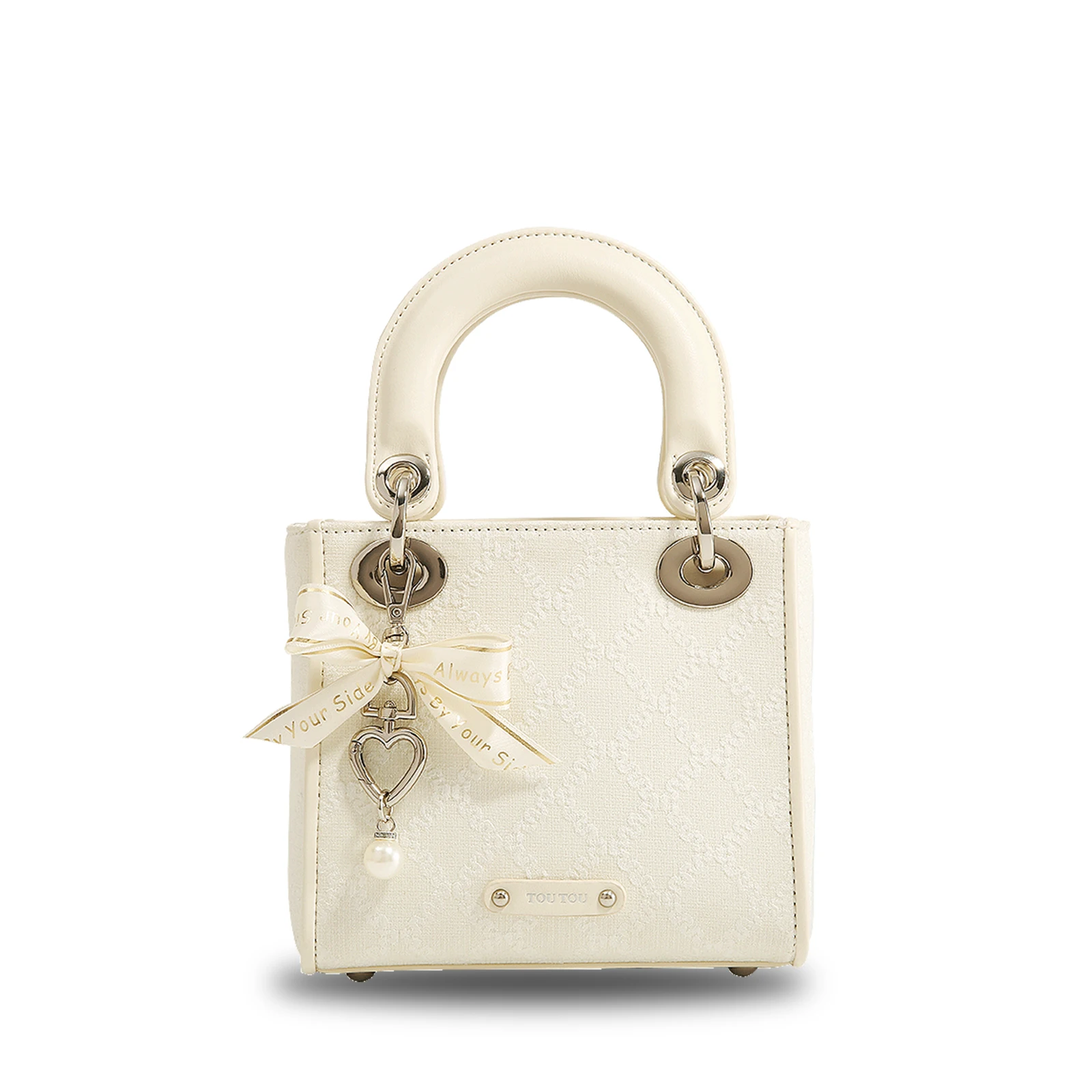 TOUTOU Argyle Jacquard Handtasche Schleife Dekor Satchel Geldbörse Damen Kleine Einkaufstasche Luxusmarke Tasche: Beige
