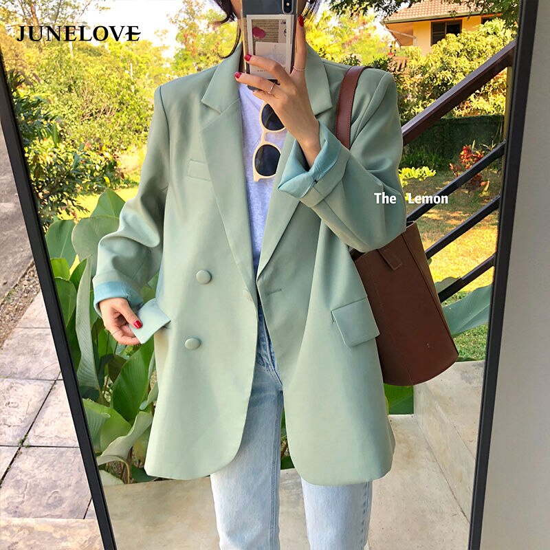 Bella filosofi kvinnor vår chic enkelknäppt vintage koreansk kvinnlig lösa jackor ledig gata kontor dam kavaj ytterkläder: Grön / Xl