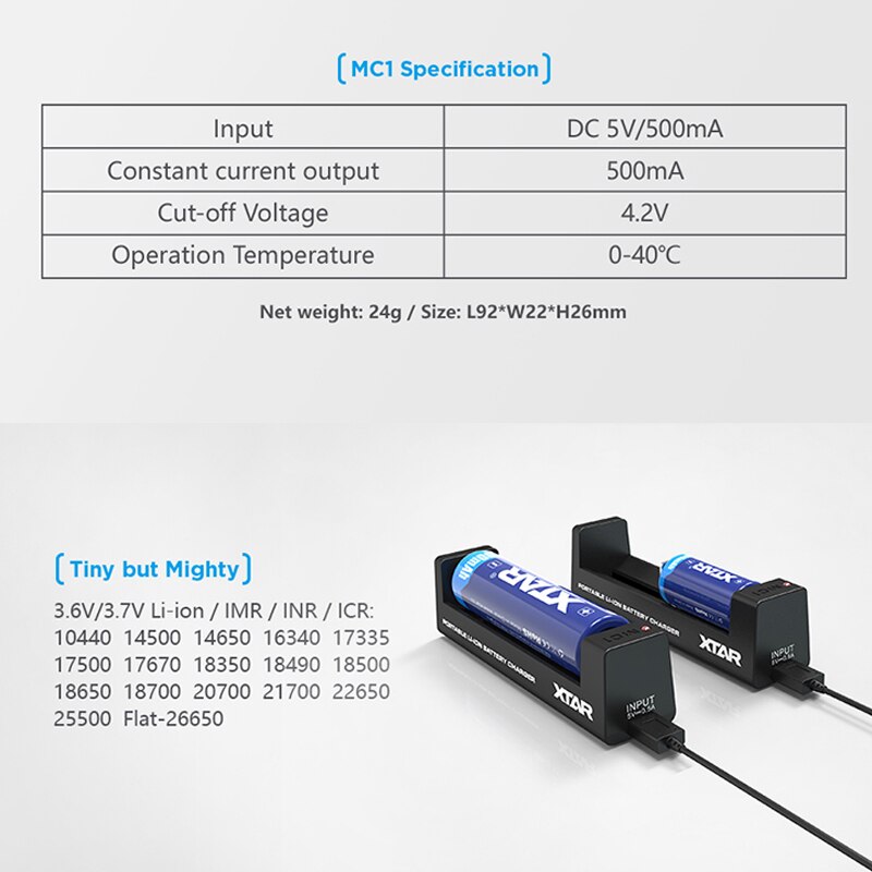 Xtar akkulaturi 1 paikka li-ion usb-laturi  mc1 mc1 plus  sc1 kpl  to 22650 26650 18700 18650 20700 21700 akkulaturi: Mc1 / Eu