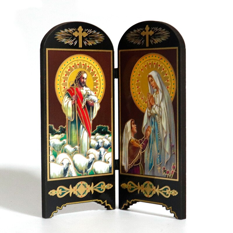 Katholieke Houten Dubbele Scherm Ornamenten Home Decoratie Christus Jezus Virgen Maria Religieuze Figuur Icoon Imagenes Kerk: Army Green