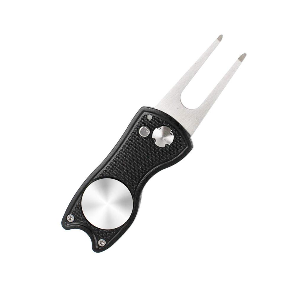 Golf Divot Tool Folding Golf Turf Tool with Pop Up Button and Magnetic Ball Maker: black
