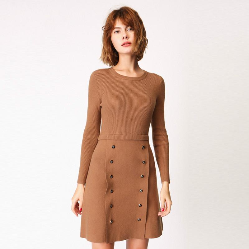 NFIVE Brand Woman Slim Knitted Dresses Spring Long Sleeved Double Breasted Vertigos A-line Bottom Casual Dress