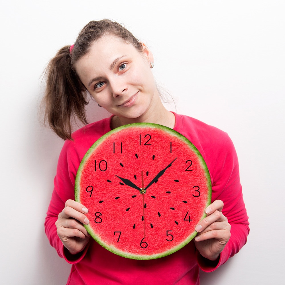 Summer Time Watermelon Modern Wall Clock With Numbers Tropical Kitchen Wall Art Decor Fruit Style Silent Quartz Round Wall Clock