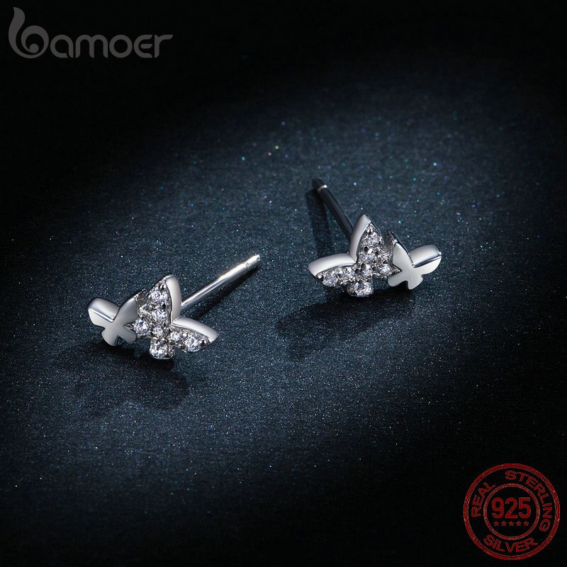 Bamoer Vliegende Vlinder Koppels Stud Oorbellen Clear Cz Glanzende Elegante Oorstekers 925 Sterling Zilver Jewely Accessoires BSE236