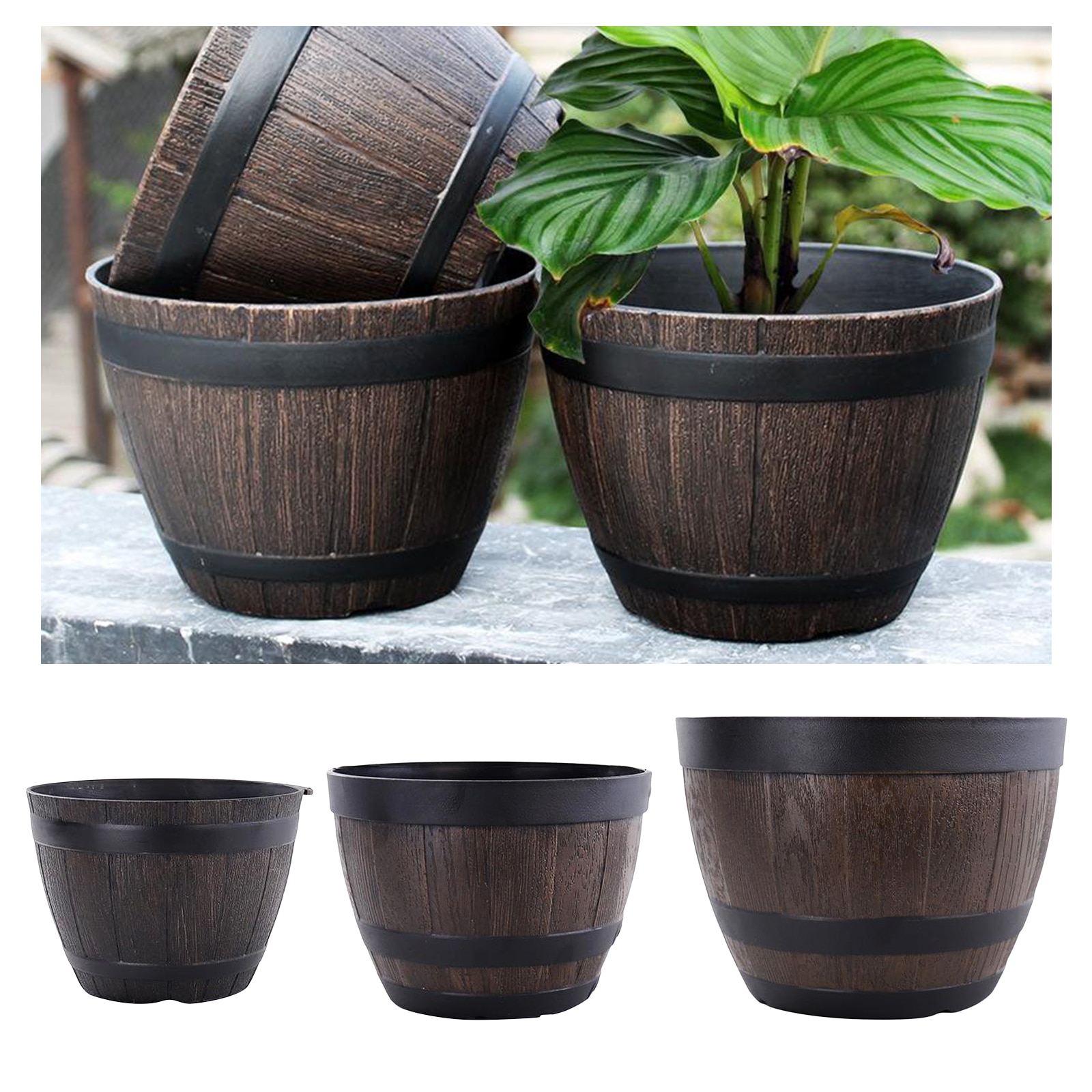 Retro Round Resin Flower Plant Pots Planter Barrel Home Garden Outdoor Decoration