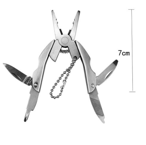 Um chaveiro dobrável com mini alicate muilti, porta-chaves prateado de bolso para caminhadas ao ar livre
