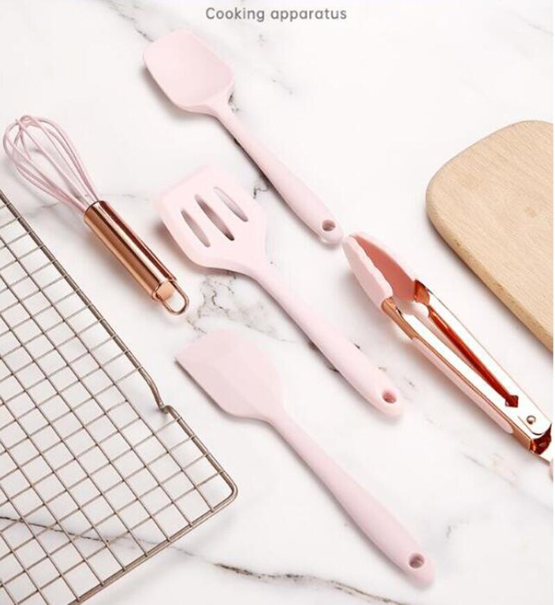 Rose gold handle,Silicone Cooking Utensil Set of 5, Nonstick Cooking tool,Slotted Turner,Spoonula,Spatula,Whisk With Storage Box
