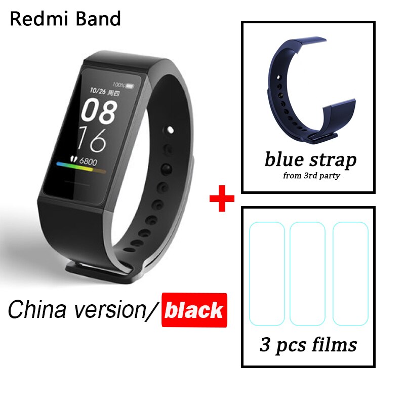 Original XiaoMi RedMi Band Smart Wristband Fitness Bracelet Bluetooth 5.0 USB charging Touch Screen Track Heart Rate Monitor: Add Film Blue Strap