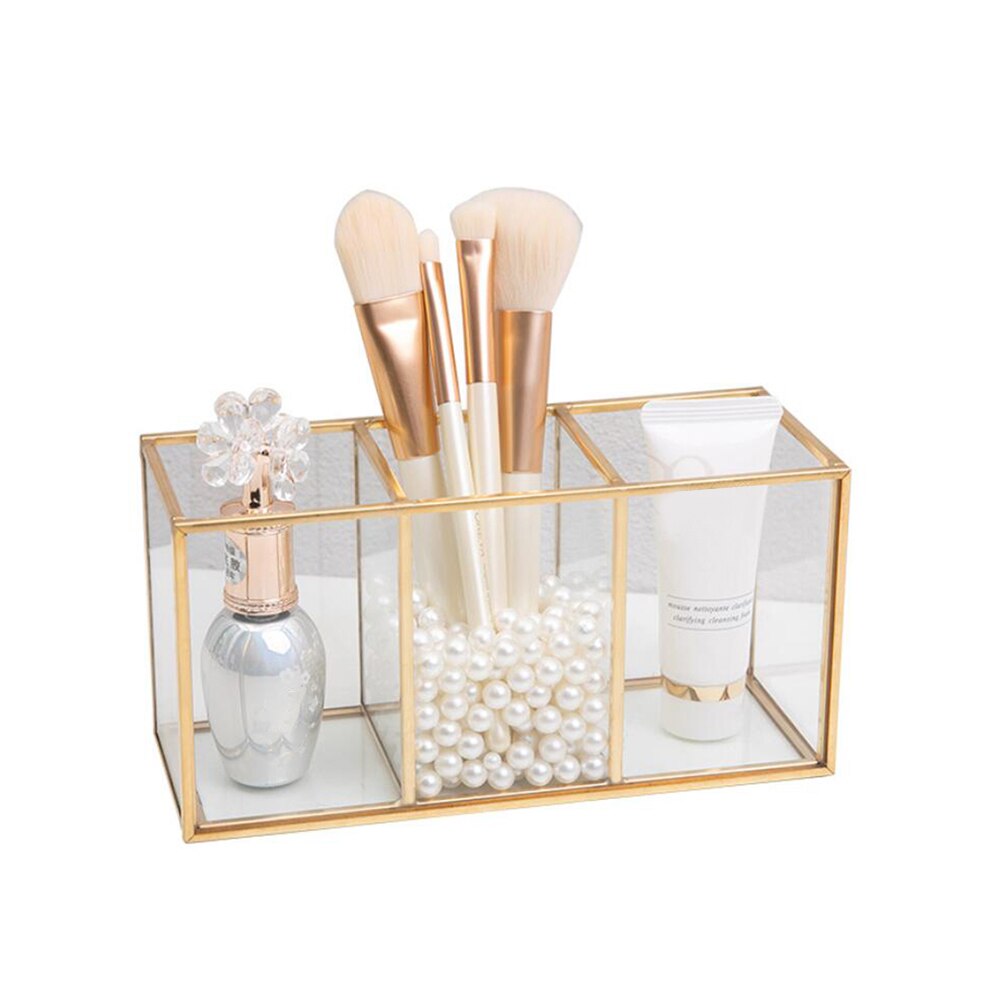 Gennemsigtig glas makeup børste opbevaringsboks guld kosmetik beholder ring blyant læbestift holder make up børster organisator: Default Title