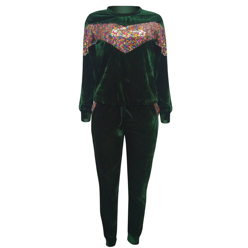 2 TWO PIECE SET Sequin Women Tracksuit Velour Jogger Pants Long Sleeve Patchwork Sweat Suit Female Sweatsuit Outwear Warm Winter: Green / L