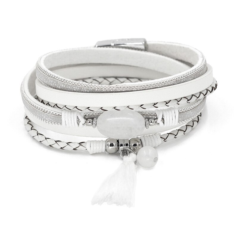 Vonnor Lederen Armbanden Voor Vrouwen Boho Sieraden Charm Natuursteen Kwastje Wrap Armband Vrouwelijke: B9005b White