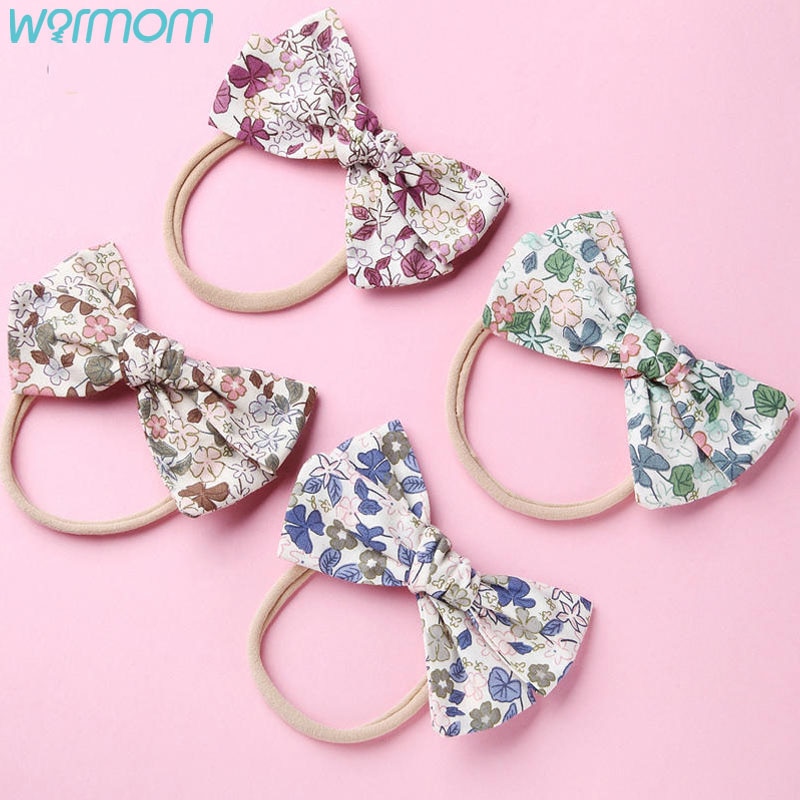 Warmom Classic Rural Floral Linen Fabric Bowknot Headwear Children's Super Soft Nylon Hair Band Kids Girl Hair Accessories