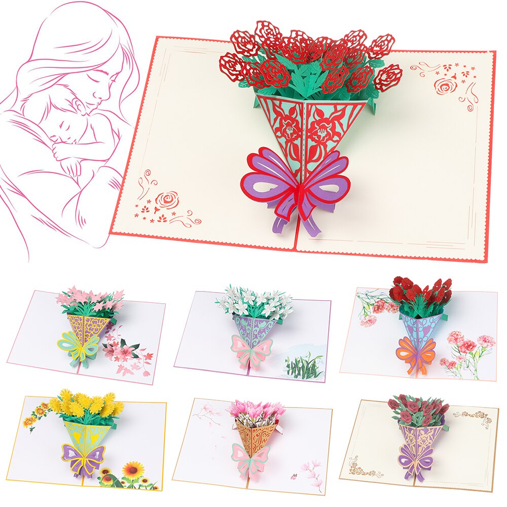 1PC 3D Flower Pop-Up Greeting Card Flora for Birthday Mother Father's Day Graduation Wedding Anniversary Blessing Supplies